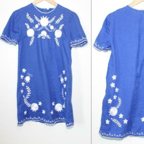Zara Embroidered Floral Shift Linen Dress Blue White Women's Size Small H12693 - Picture 10 of 11